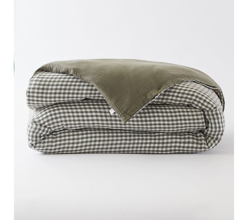 Housse De Couette Gaze De Coton Carreaux Vichy Kaki 260x240 Cm