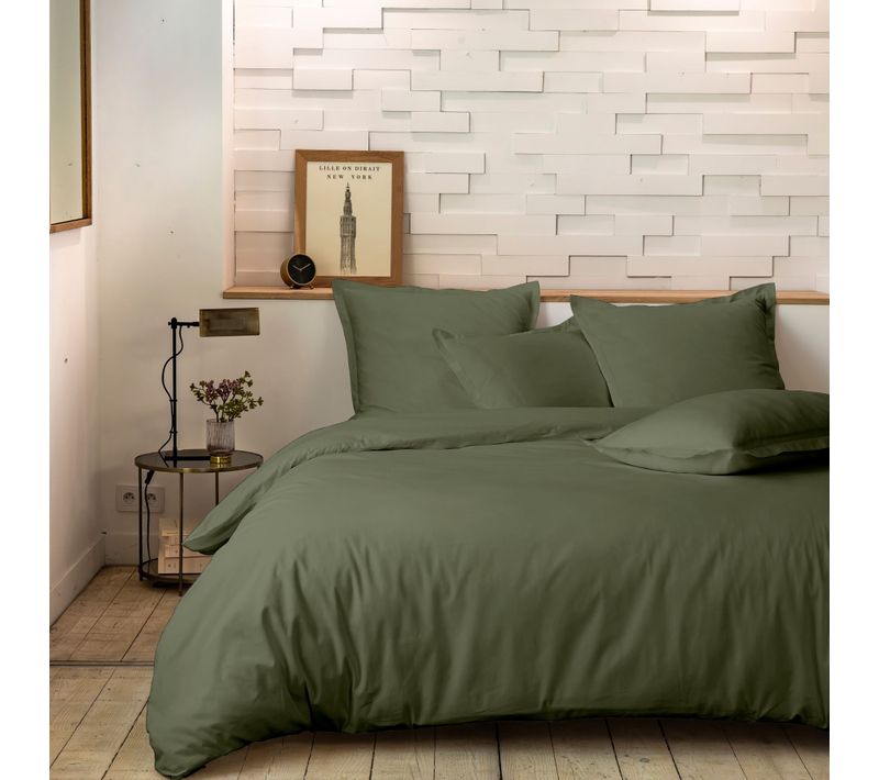 Parure De Lit Percale Unie Kaki 240x220 Cm