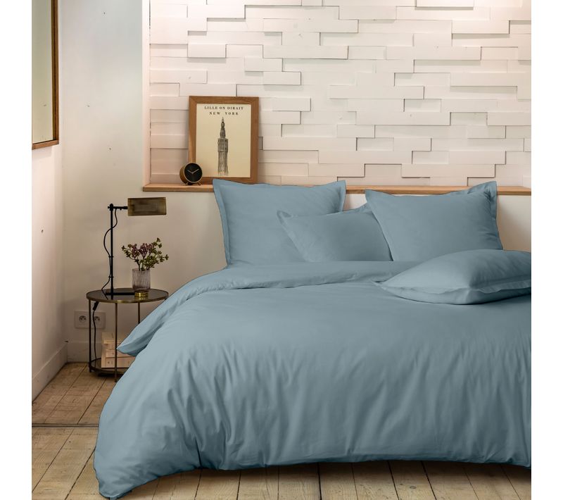 Parure De Lit Percale Unie Bleu 240x220 Cm
