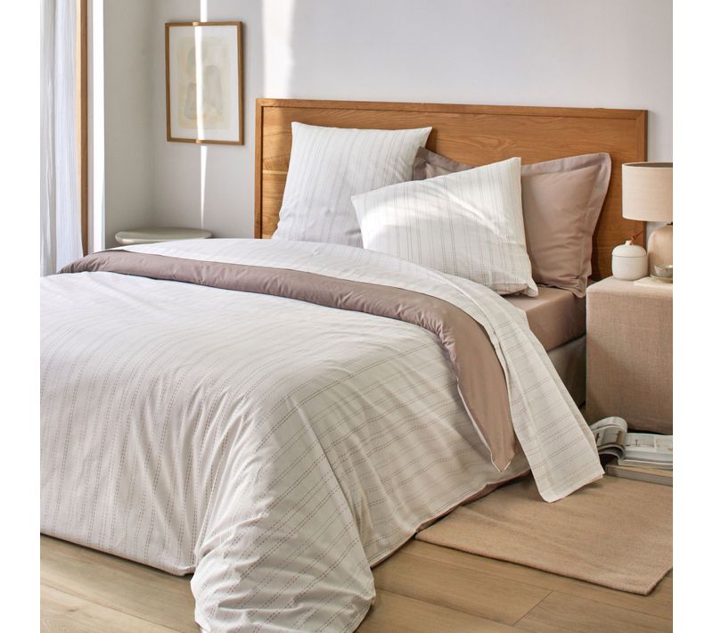 Parure De Lit Coton Taupe À Rayures Ambre 240x220 Cm