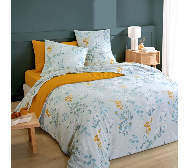 Parure De Lit Coton Floral Bleu Margot 240x220 Cm