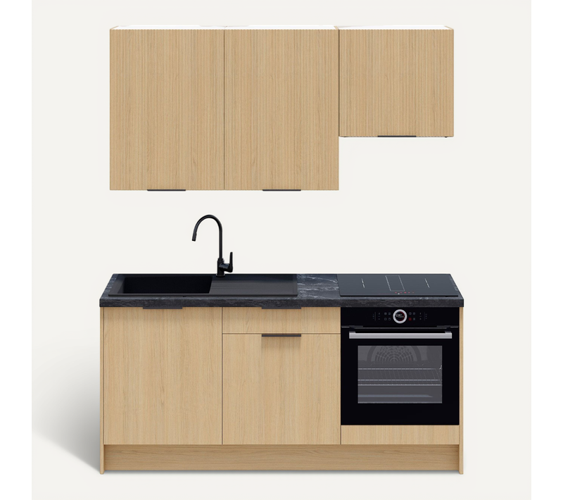 Ensemble De 6 Meubles De Cuisine - L. 185 Cm - Chêne Clair Et Chêne Clair Cannelé - Sierra Mix