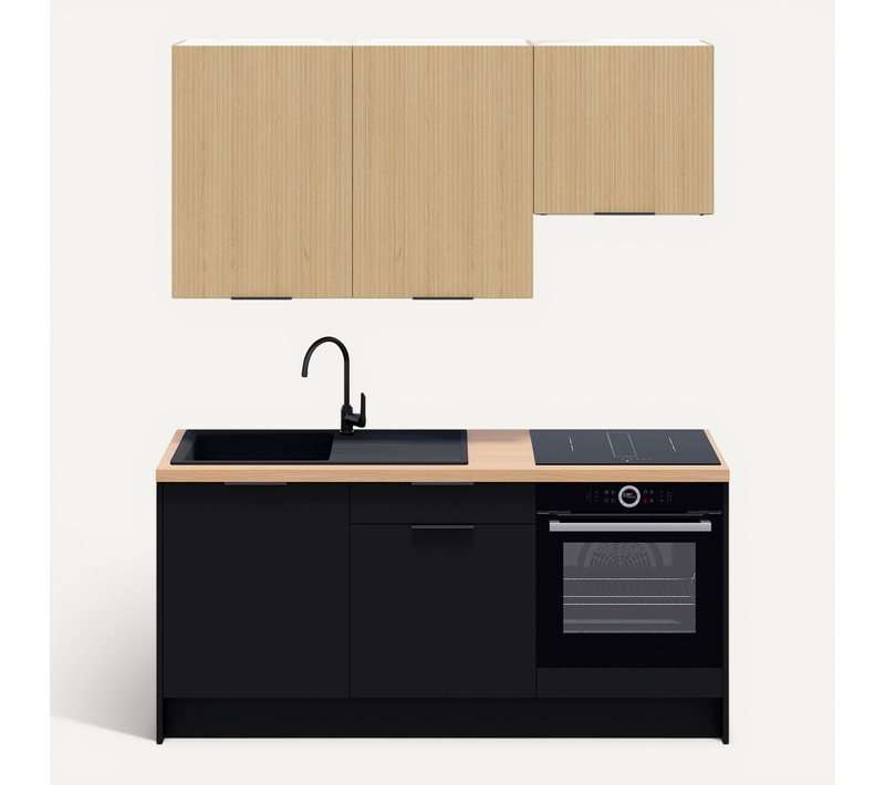 Ensemble De 6 Meubles De Cuisine - L. 185 Cm - Noir Et Chêne Clair Cannelé - Luzia Mix