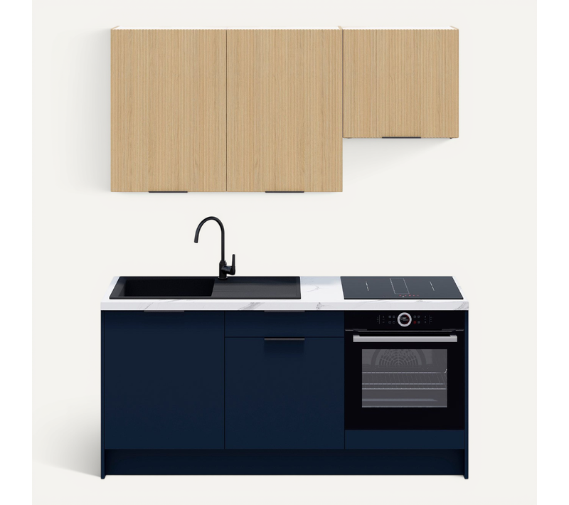 Ensemble De 6 Meubles De Cuisine - L. 185 Cm - Bleu Marine Et Chêne Clair Cannelé - Luzia Mix