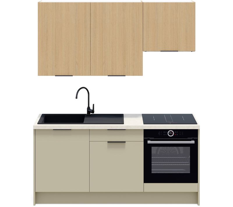 Ensemble De 6 Meubles De Cuisine - L. 185 Cm - Vert Sauge Et Chêne Clair Cannelé - Luzia Mix