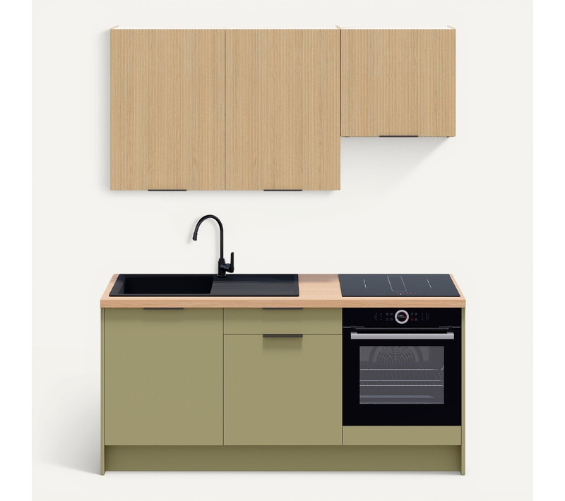 Ensemble De 6 Meubles De Cuisine - L. 185 Cm - Vert Olive Et Chêne Clair Cannelé - Luzia Mix