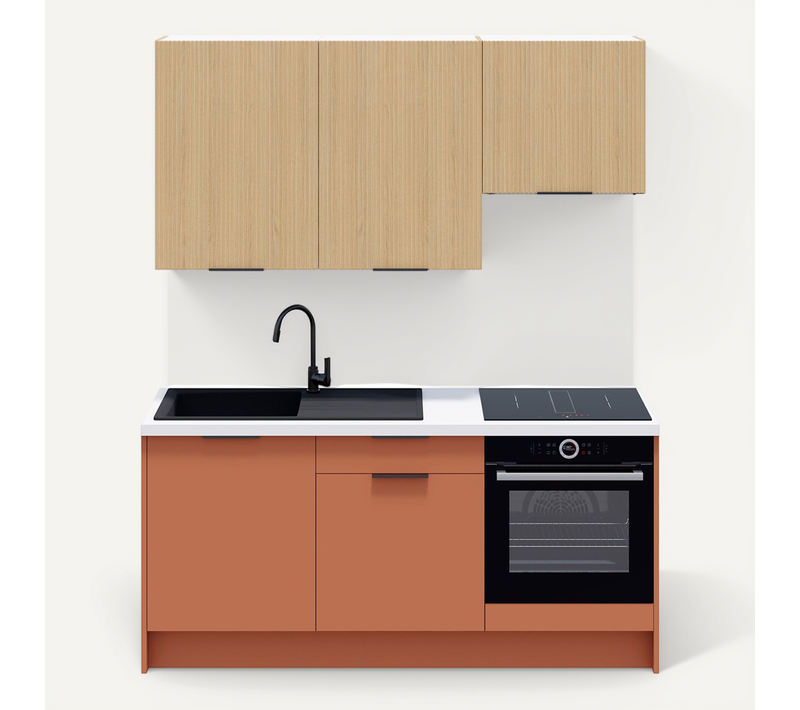 Ensemble De 6 Meubles De Cuisine - L. 185 Cm - Terracotta Et Chêne Clair Cannelé - Luzia Mix
