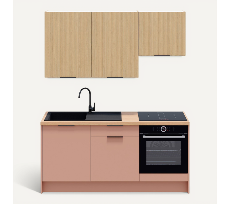 Ensemble De 6 Meubles De Cuisine - L. 185 Cm - Abricot Et Chêne Clair Cannelé - Luzia Mix