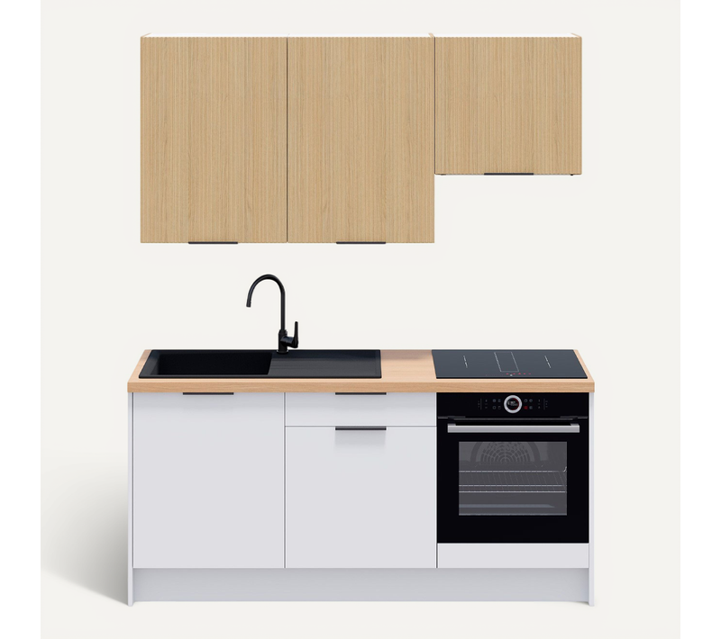 Ensemble De 6 Meubles De Cuisine - L. 185 Cm - Blanc Et Chêne Clair Cannelé - Luzia Mix