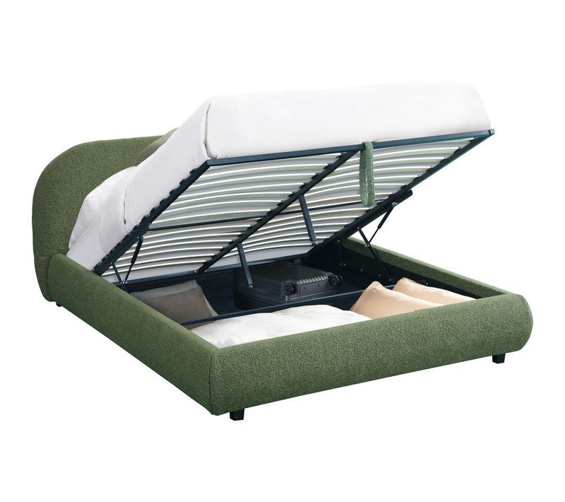 Lit Coffre Adulte 160x200 Cm Avec Tête De Lit Matelassée En Tissu Bouclé Vert Kaki - Madisson
