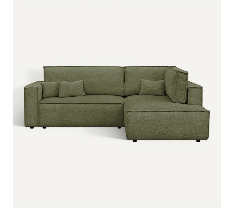 Canapé D'angle Ouvert à Droite Convertible 3 Places En Tissu Bouclé Vert Olive - Emma