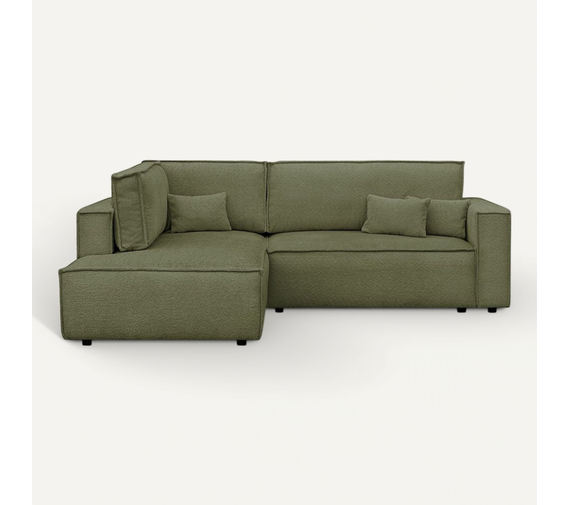 Canapé D'angle Ouvert à Gauche Convertible 3 Places En Tissu Bouclé Vert Olive - Emma