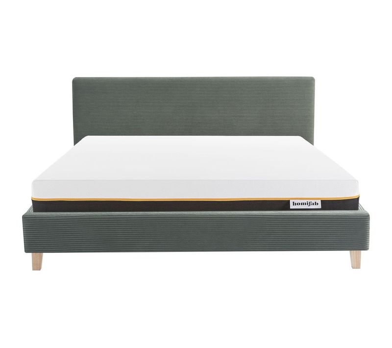 Ensemble Lit Adulte 140x190 - Tête De Lit En Velours Côtelé Vert - Milo + Matelas Mousse