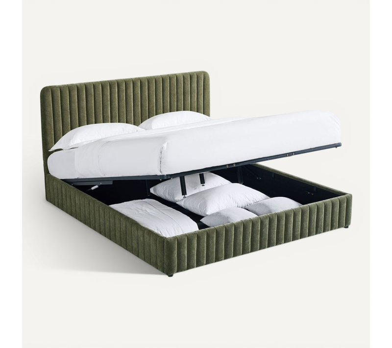 Lit Coffre Adulte 180x200 Cm Avec Tête De Lit Capitonnée En Tissu Chenille Vert Kaki - Alto