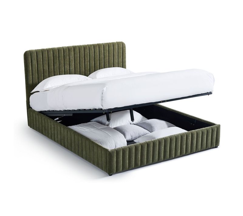 Lit Coffre Adulte 140x190 Cm Avec Tête De Lit Capitonnée En Tissu Chenille Vert Kaki - Alto