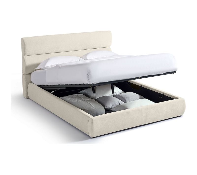Lit Coffre Adulte 140x190 Cm Avec Tête De Lit Capitonnée En Tissu Chenille Beige - Simon