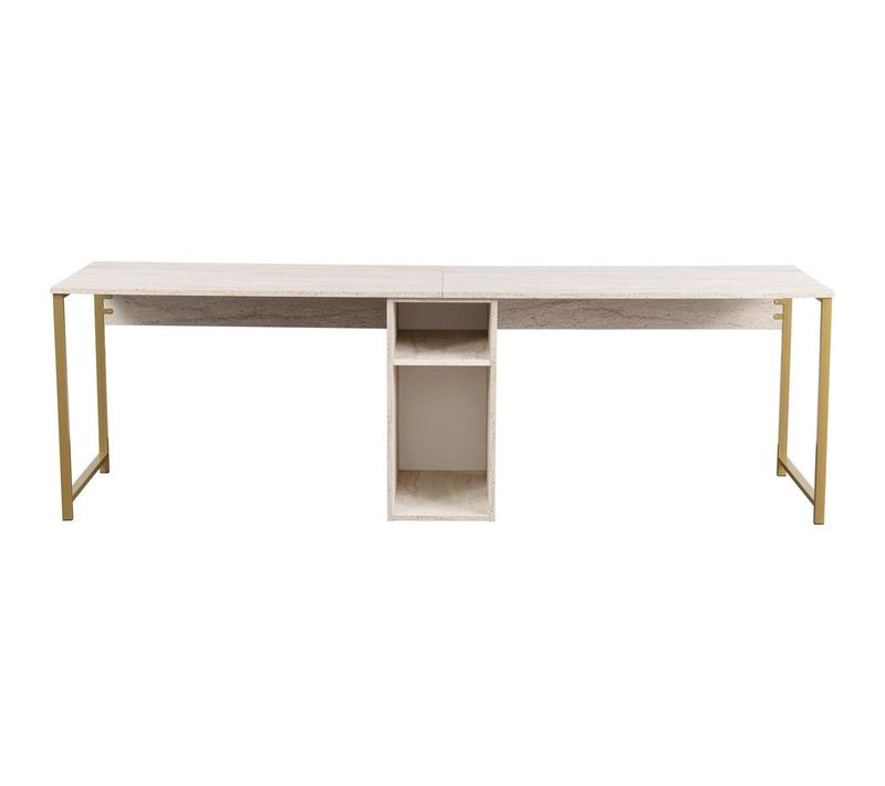 Bureau Double Avec Rangement Central Effet Travertin, Piètement Doré 240 Cm - Orsa