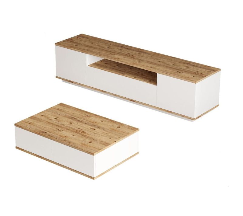 Ensemble Meuble TV Et Table Basse Blanc et Effet Bois - Ravia