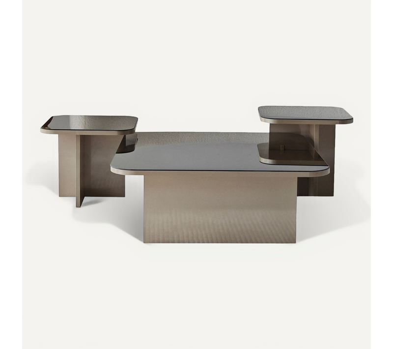 Lot De 3 Tables Basses Gigognes Carrées Beige Et Verre Fumé - Elda