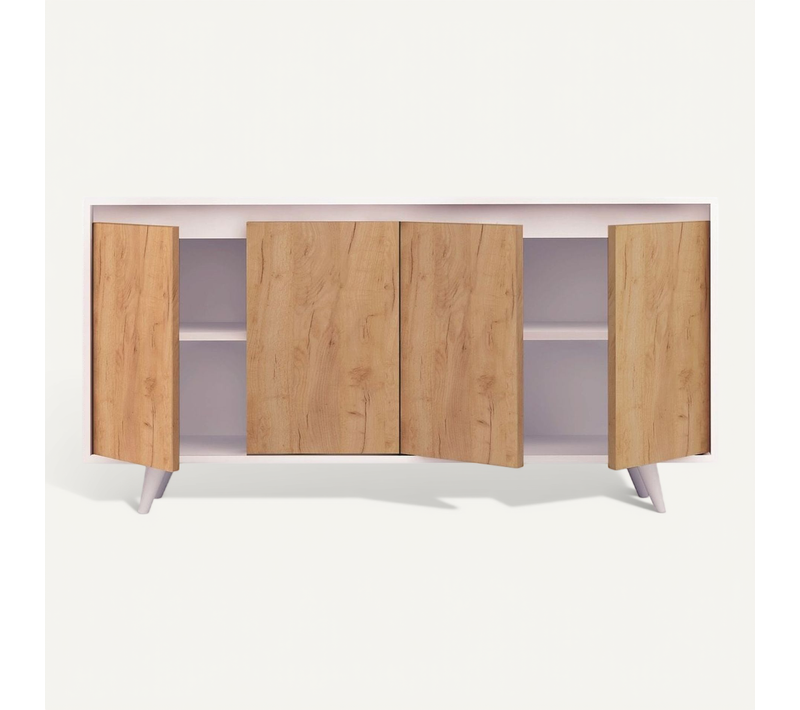 Buffet 4 Portes Blanc et Effet Chêne 140 Cm - Corin