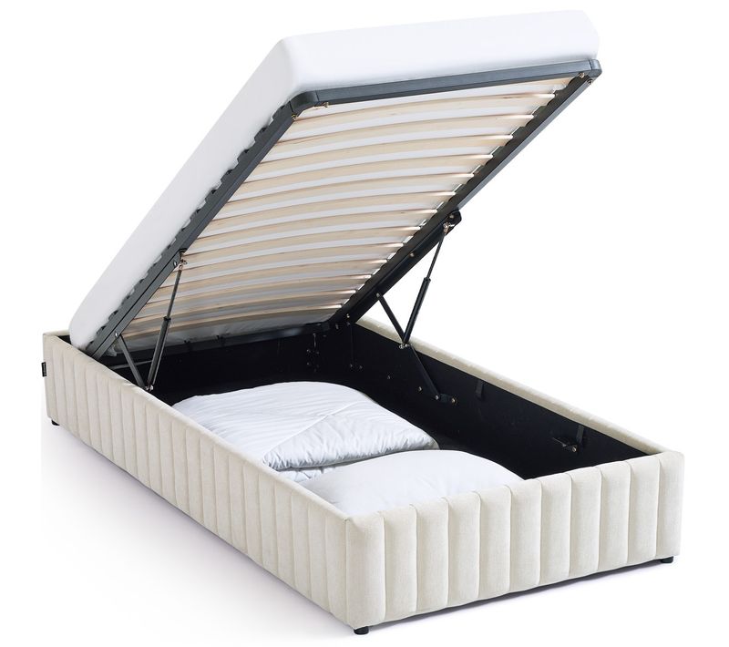 Lit Coffre Adulte 90x190 Cm En Tissu Chenille Beige - Balto