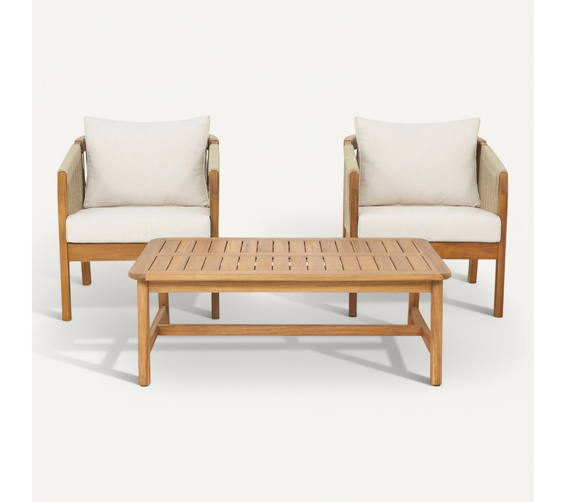 Salon De Jardin 2 Places En Bois Fsc - 2 Fauteuils Et Table Basse - Beige - Symi