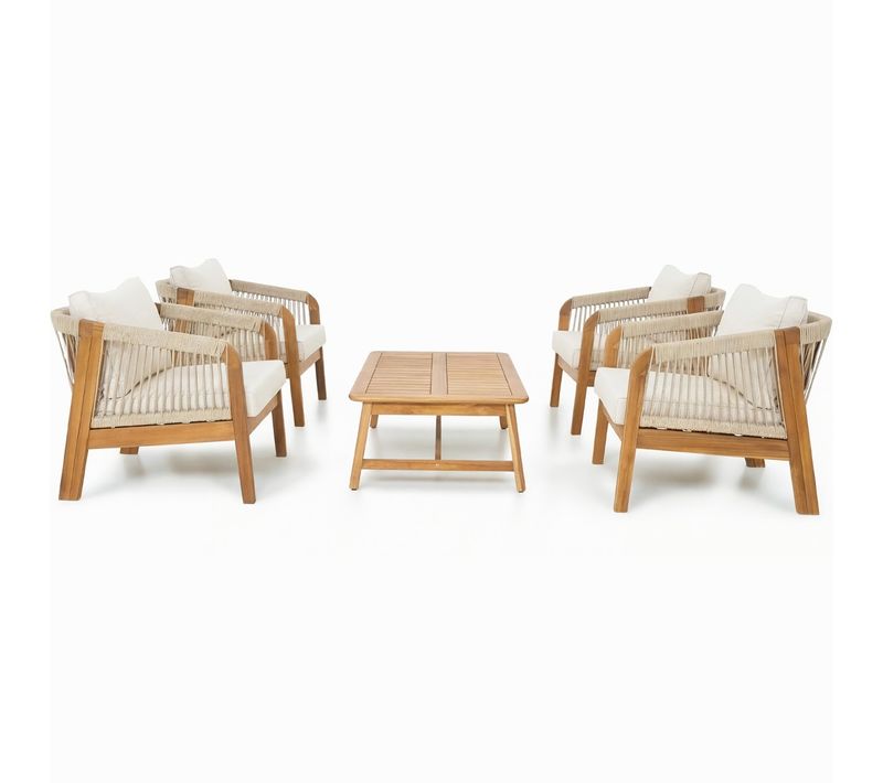 Salon De Jardin 4 Places En Bois Fsc - 4 Fauteuils Et Table Basse - Beige - Symi