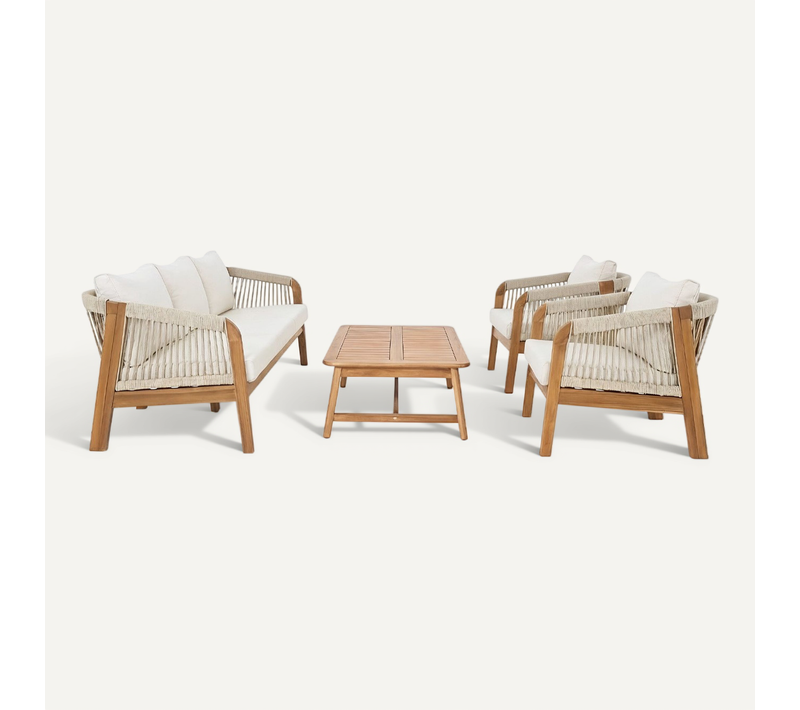 Salon De Jardin 5 Places En Bois Fsc - Canapé 3 Pl. , 2 Fauteuils Et Table Basse - Beige - Symi