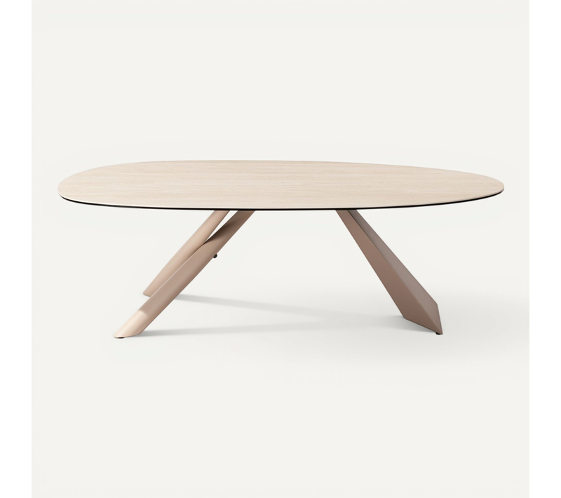 Table Basse Ovale En Céramique Effet Travertin Et Piètement Beige 120x72 Cm - Tundra