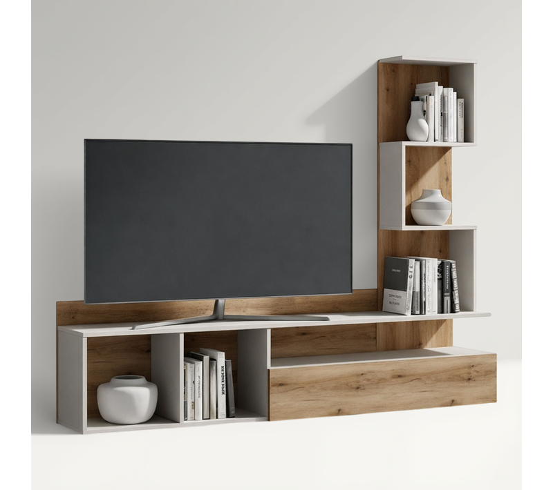 Ensemble Meuble TV Mural Moderne Beige Et Bois 180cm Mila