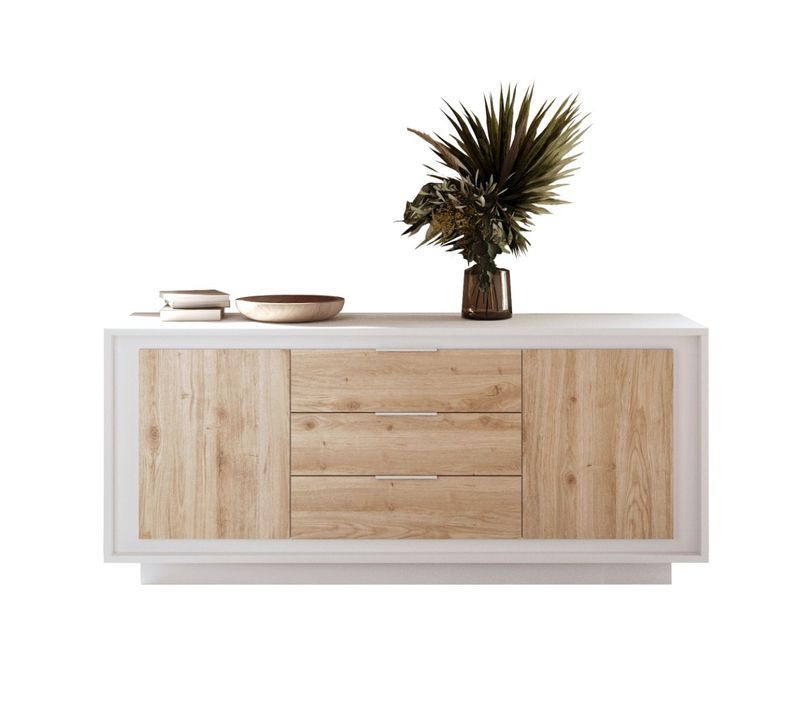 Buffet Bas Blanc Et Bois 2 Portes-3 Tiroirs 180cm Yori
