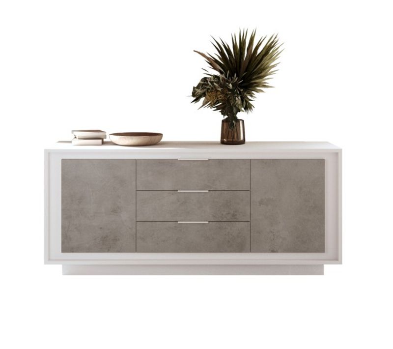 Buffet Bas Blanc Et Gris Béton 2 Portes-3 Tiroirs 180cm Yori