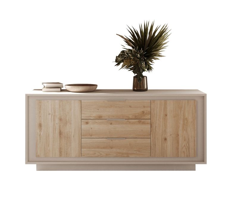 Buffet Bas Beige Et Bois Clair 2 Portes-3 Tiroirs 180cm Yori