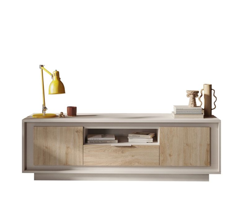 Meuble TV Contemporain 180cm Beige Et Bois Clair Yori