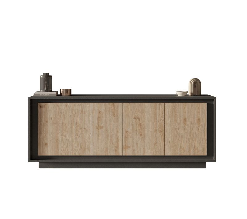 Buffet Bas Contemporain 4 Portes Gris Et Bois Naturel Yori