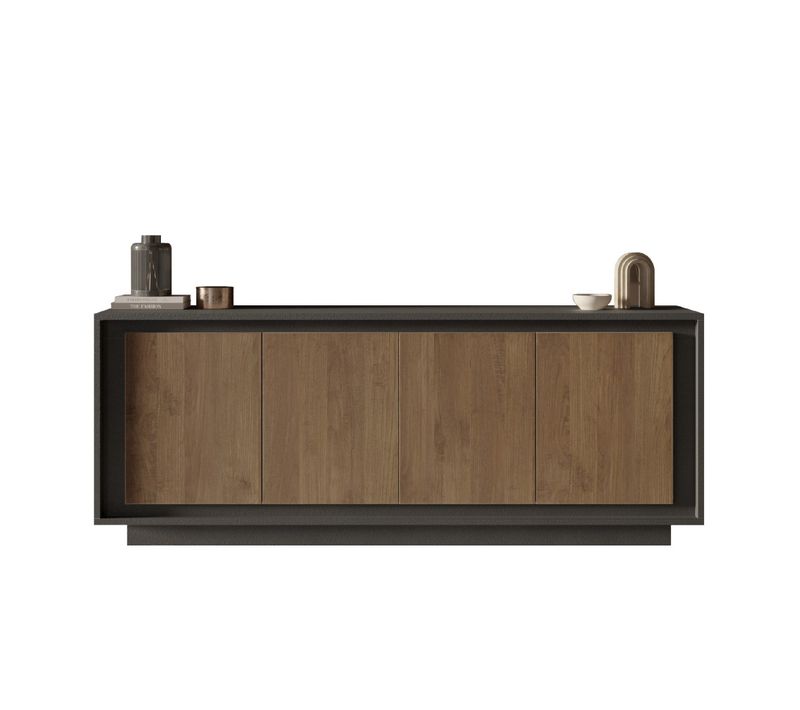 Buffet Bas Contemporain 4 Portes Gris Lave Et Noyer Yori