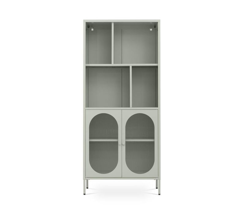 Buffet de cuisine Industrielle En Métal H.180cm 2 Portes 4 Niches Vert Sauge Et Verre Cannelé Milie
