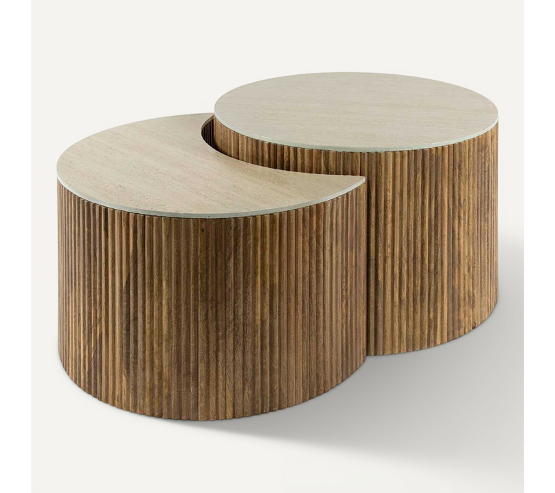 Jade - Lot De 2 Tables Basses Gigognes Effet Travertin - Pieds En Bois Massif De Manguier - 60 Cm