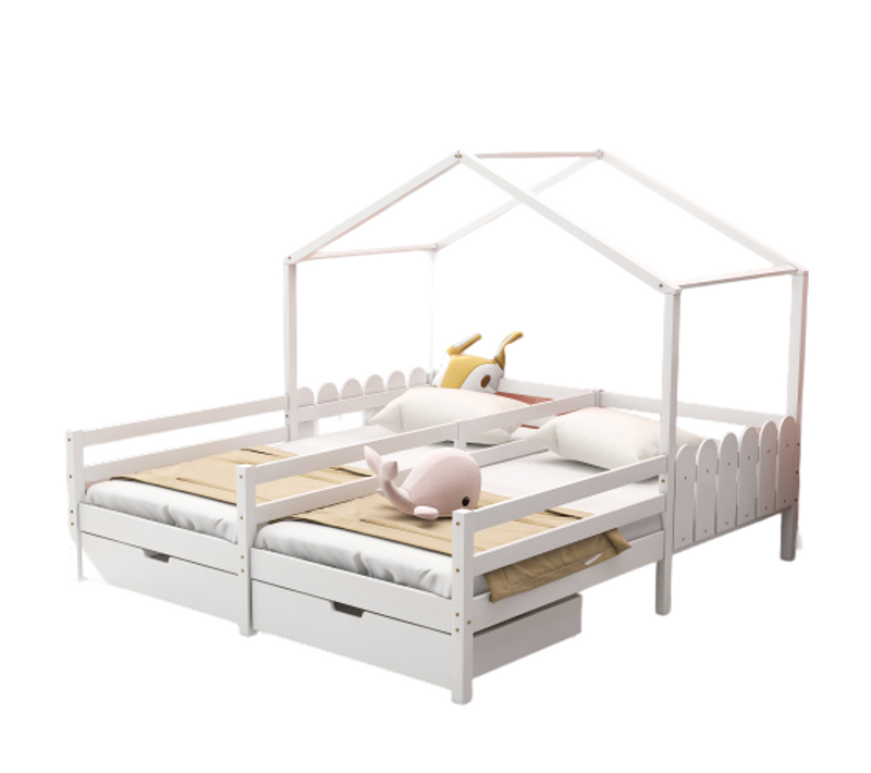 Lit Cabane Pour 2 Enfants 200x90 Avec 2 Tiroirs Et Sommier à Lattes, En Bois Massif De Pin, Blanc
