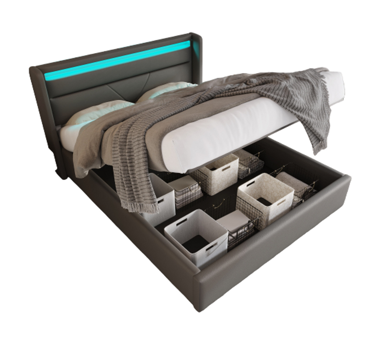 Lit Coffre 160x200 Double Hydraulique Rembourré, LED, Et Sommier à Lattes, Gris