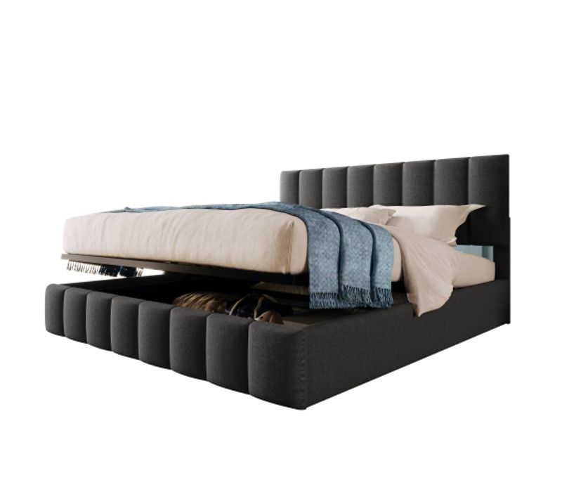 Lit Double Rembourré 140x200 Avec Coffre Hydraulique Et Sommier à Lattes En Métal, En Lin Gris