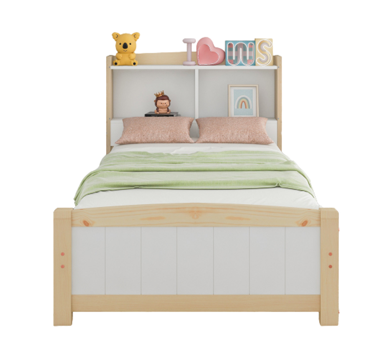 Lit simple avec tête étagères en bois de pin massif 90x200 avec sommier à lattes, blanc