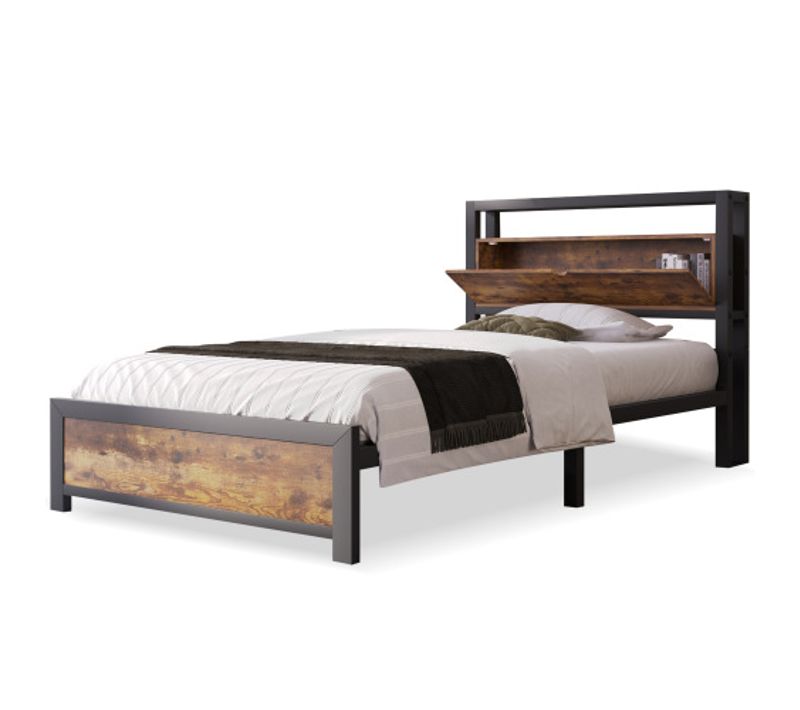 Lit Simple En Bois Et Métal 90x200 Avec Tête De Lit Rangement Et Sommier à Lattes, Noir