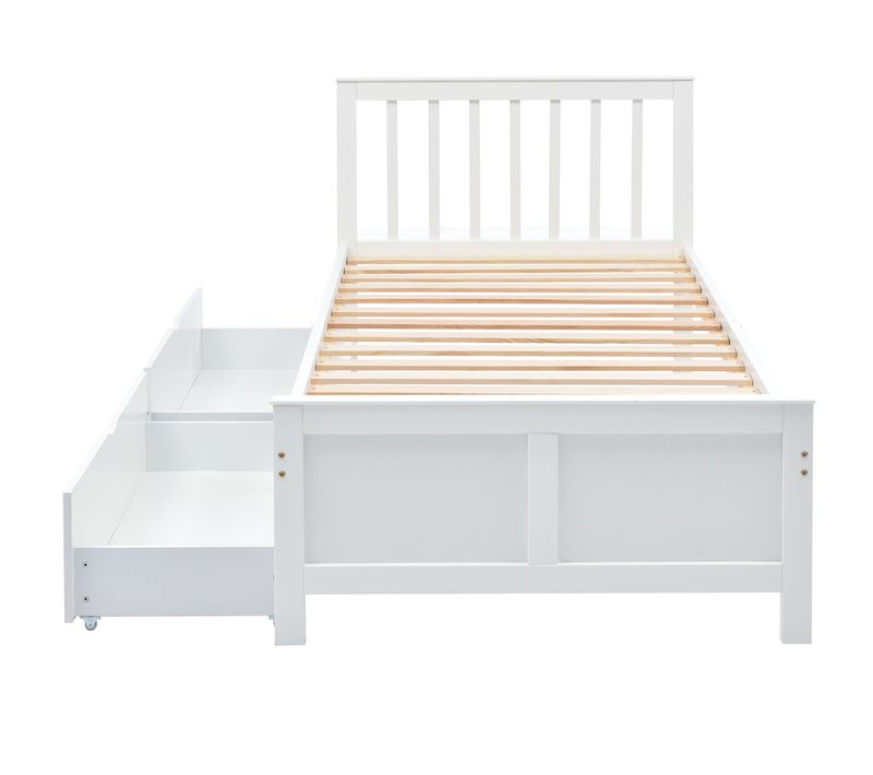 Lit Simple En Bois De Pin Massif 90x200 Avec 2 Tiroirs, Tête De Lit Et Sommier à Lattes, Blanc