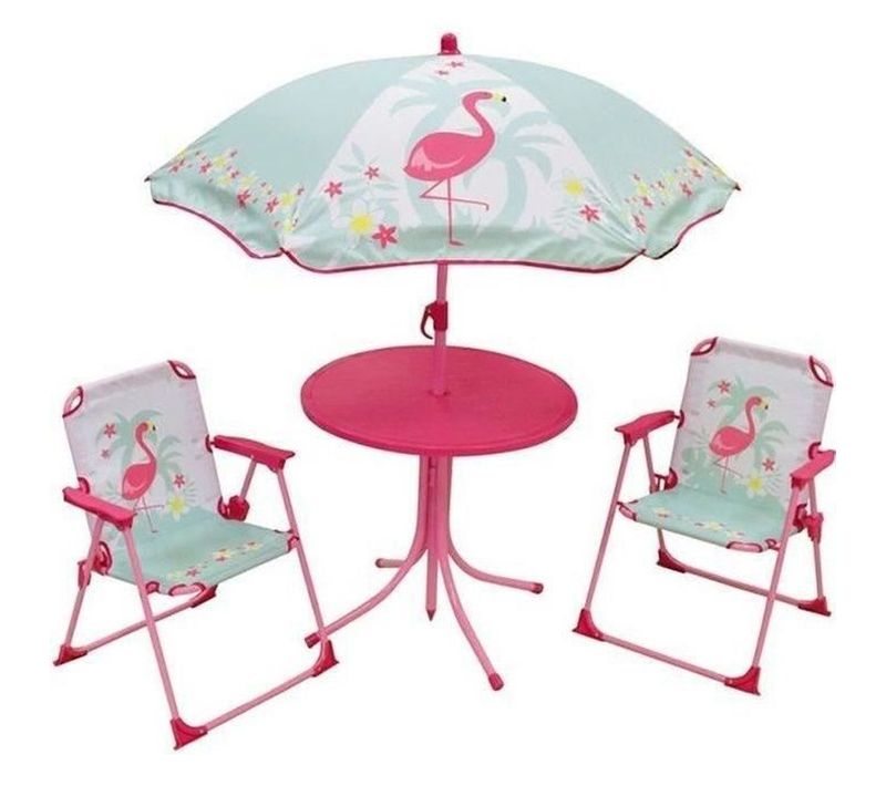Salon De Jardin Enfant Flamant Rose - Table Ronde, 2 Chaises Pliables et Parasol