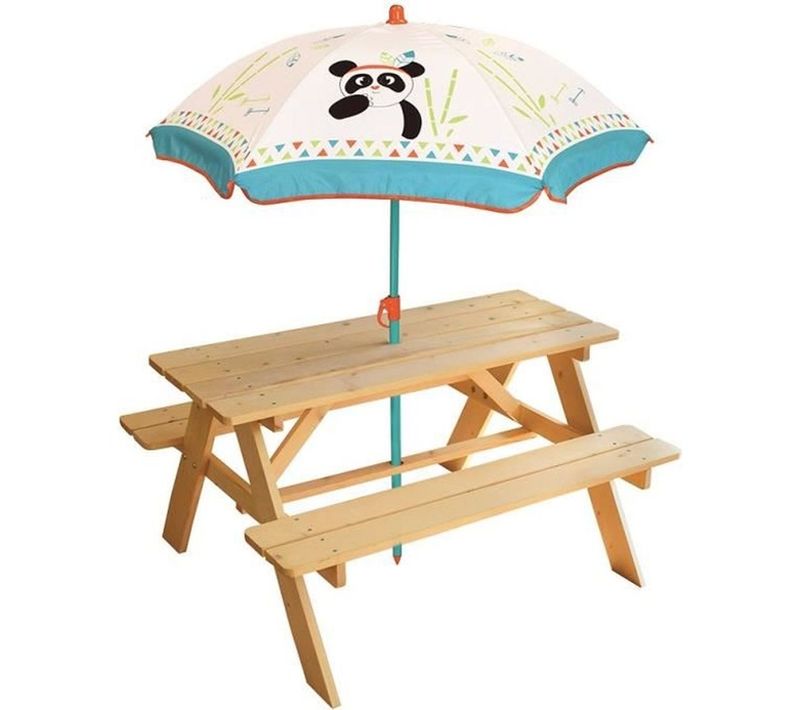 Table Pique-nique Enfant En Bois Avec Parasol Panda - H53 X L95 X P75 Cm