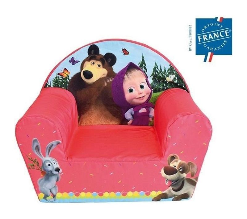 Fauteuil Club Enfant Imprimé Masha Et Michka - Rouge, Mousse, Housse Lavable