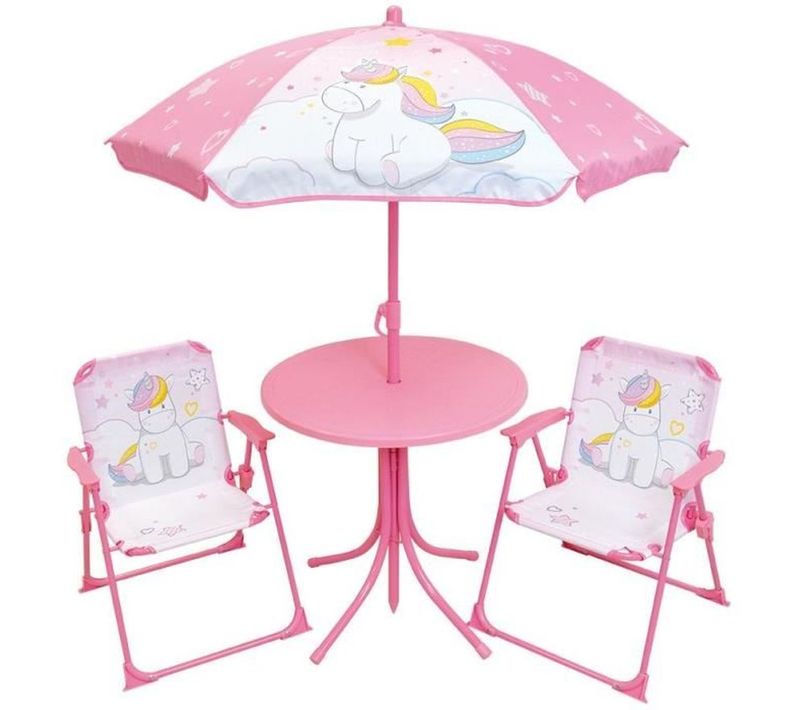 Salon De Jardin Enfant Licorne - Table D.46 Cm, 2 Chaises Pliantes Et Parasol