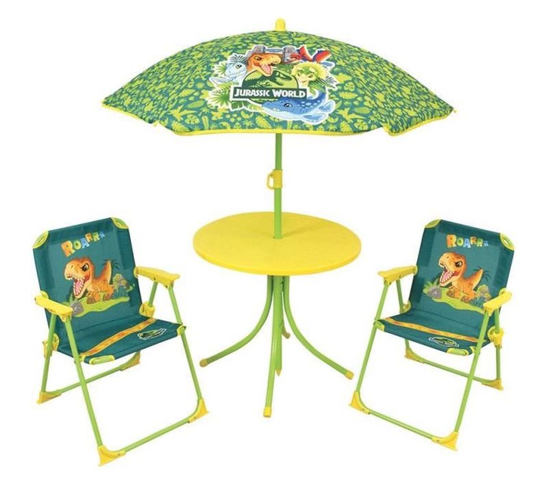 Set Jardin Enfant Jurassic World — Table Ronde H46cm, 2 Chaises Pliantes, Parasol D.100cm