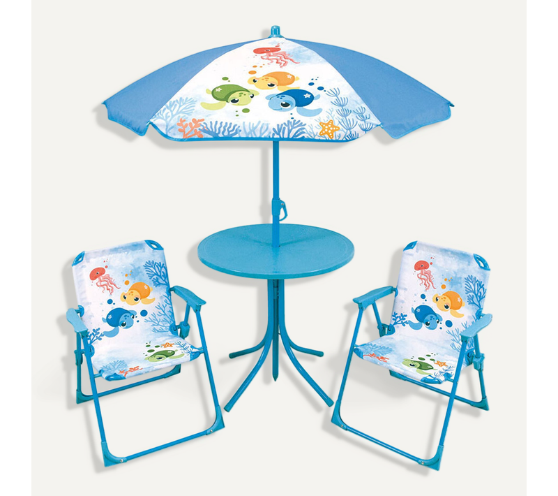 Set De Jardin Ma Petite Carapace : 1 Table Ronde, 2 Chaises, 1 Parasol Pour Enfant